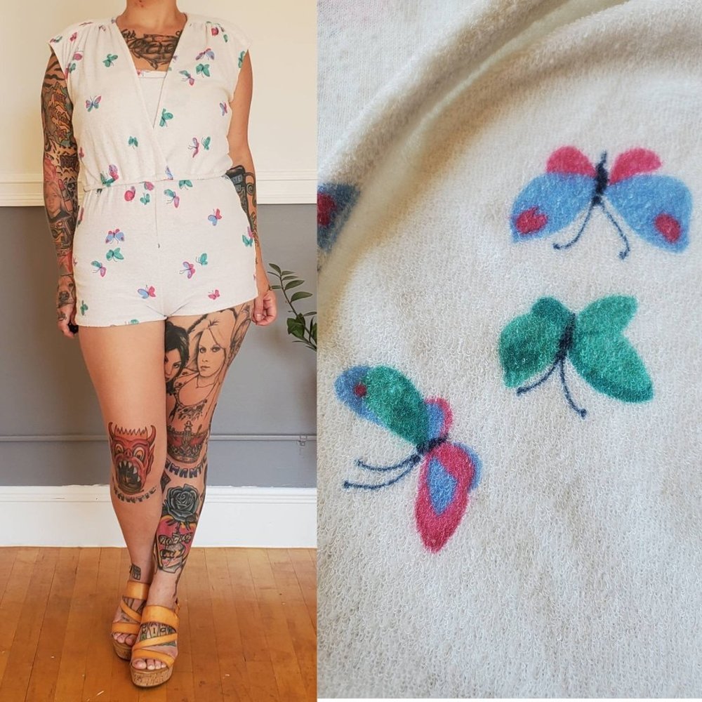 70s/80s Butterfly Print Terry Cloth Romper